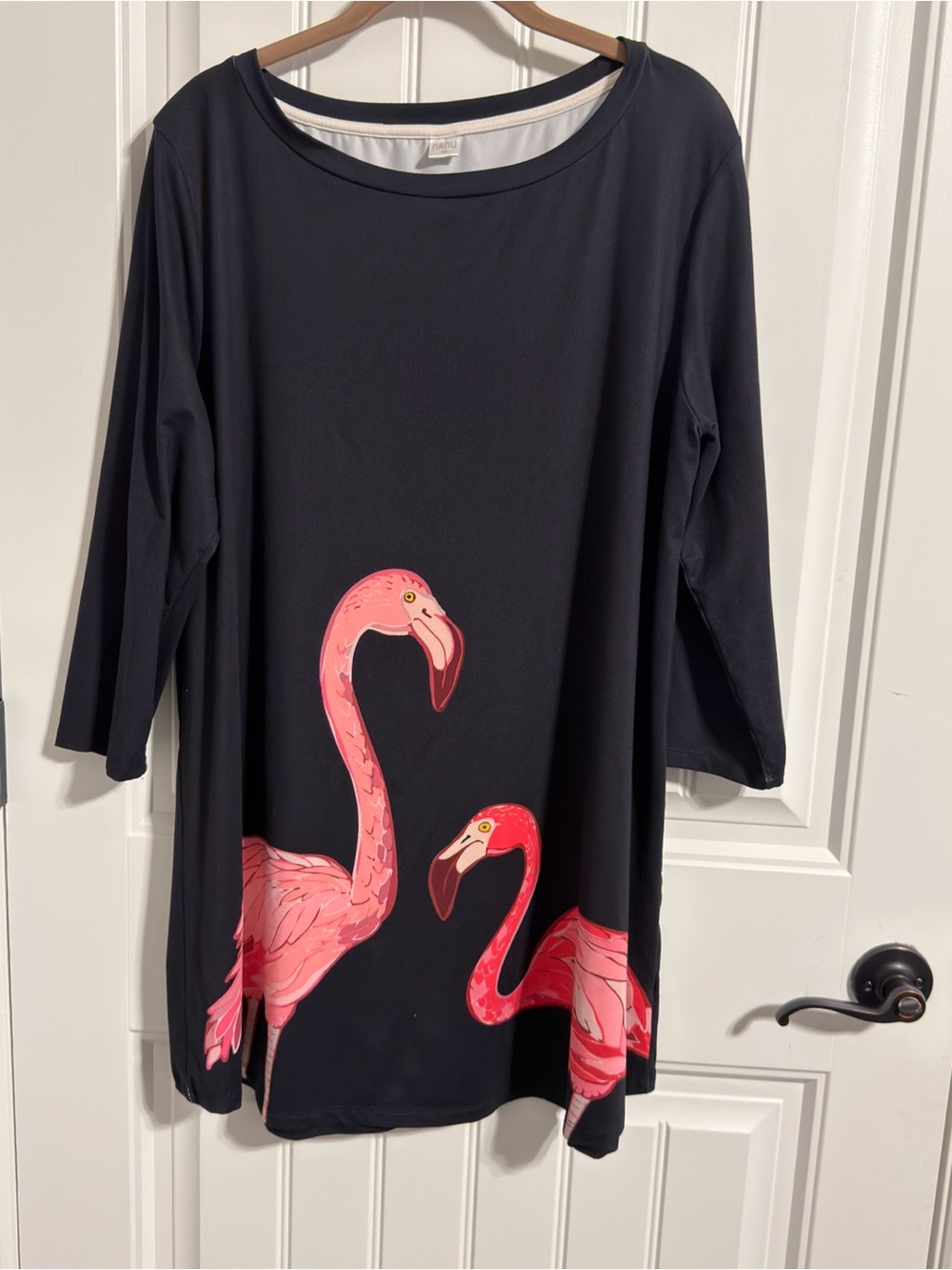 nanu 3/4 Sleeve Black Knee-Length Dress w/Flamingo Pattern. Size XL